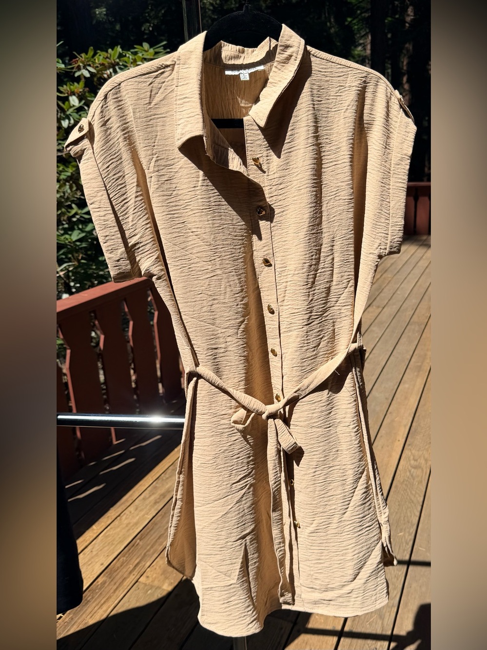 Beige Button-Front Shirt Dress with Tie Waist L